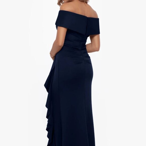 Xscape Navy Blue Ava Off the Shoulder Side Ruffle Evening Gown - Picture 4 of 5